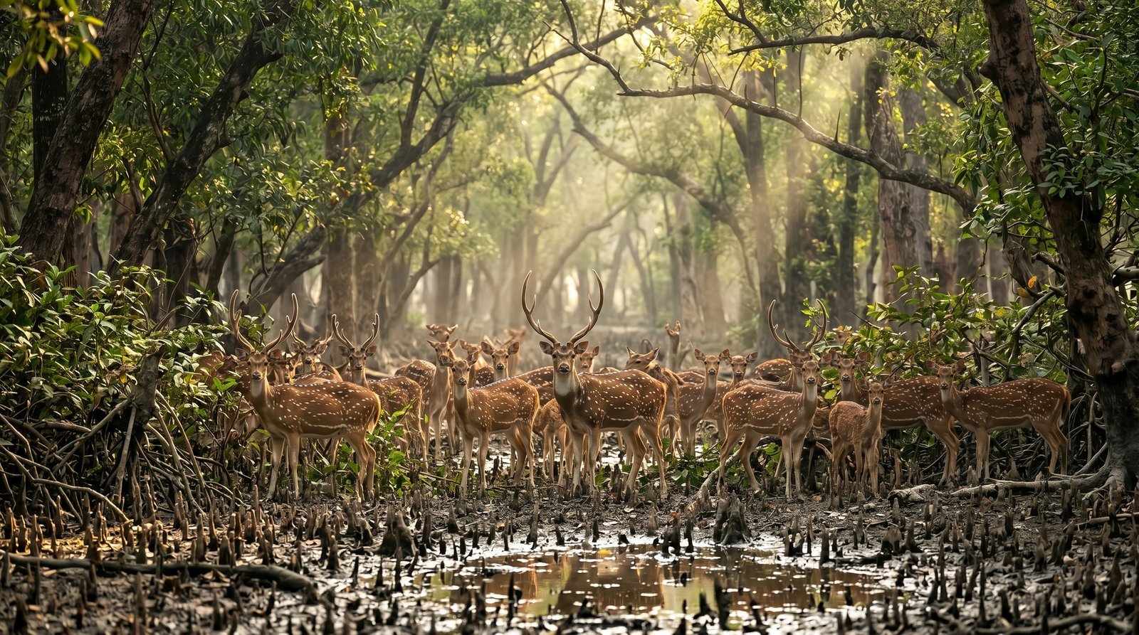 Spotted deer herd in Sundarbans mangrove forest at Dobanki